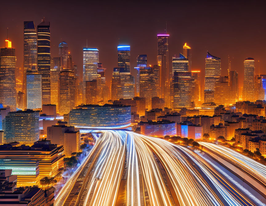Vivid nighttime cityscape with busy highways and towering skyscrapers