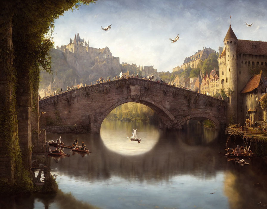 Fantasy landscape with stone bridge, castle, river, and people