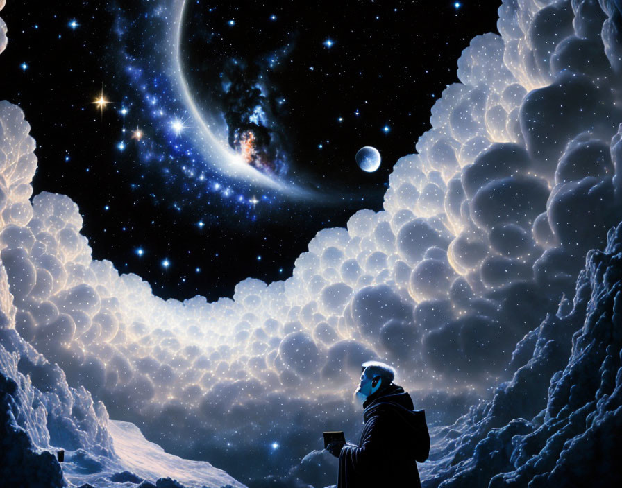 Hooded figure reading under starry sky with galaxy and moon