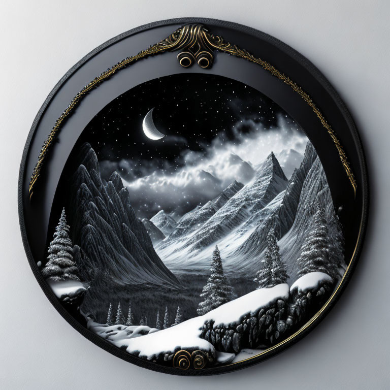 Night Landscape with Snowy Mountains and Crescent Moon in Oval Frame