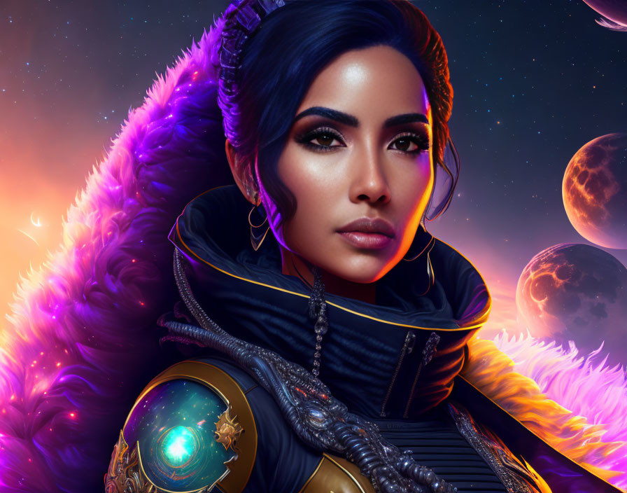 Digital artwork: Woman in futuristic armor with purple fur collar, cosmic background