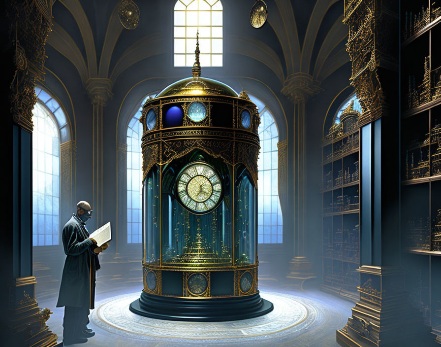 Person reading book in grand ornate library with celestial clock