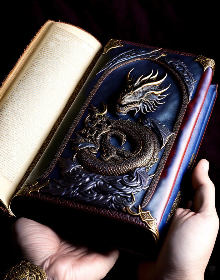 Ornate Book with Metallic Dragon Relief on Dark Blue Cover