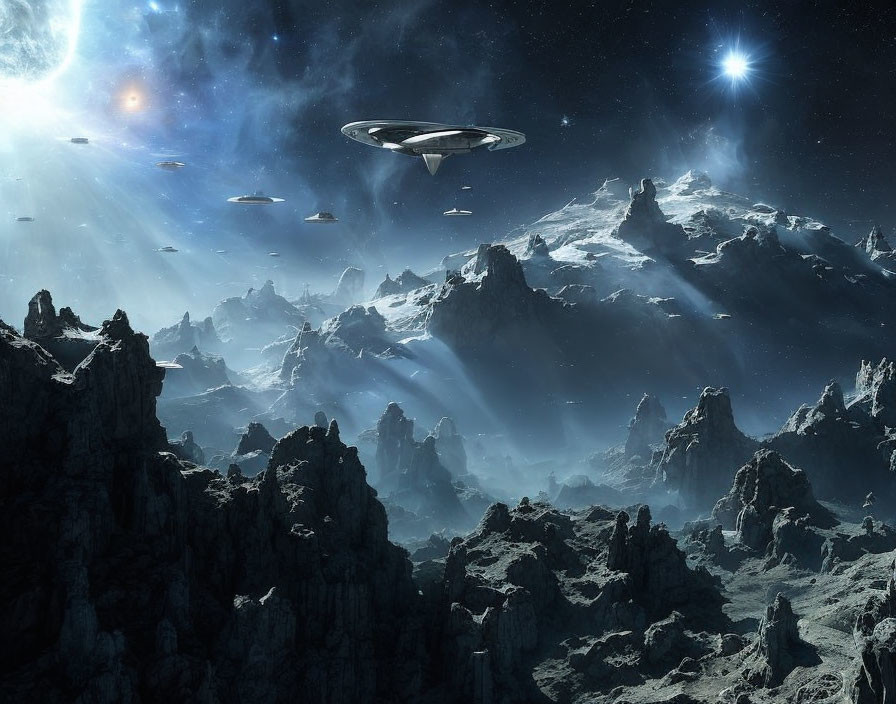 Sci-fi landscape with UFOs, mountains, and starlit sky.