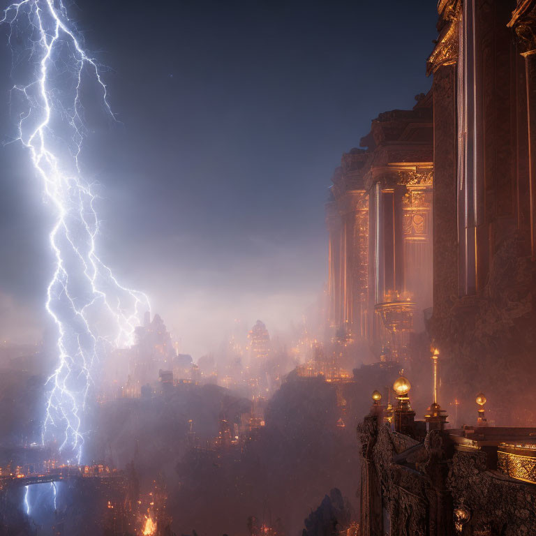 Lightning bolt strikes near classical structure in foggy cityscape