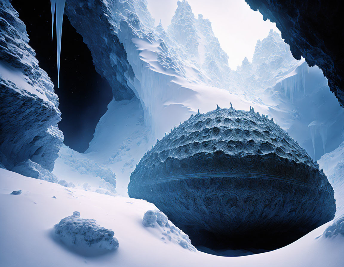 Mysterious spherical object in icy cave under blue sky
