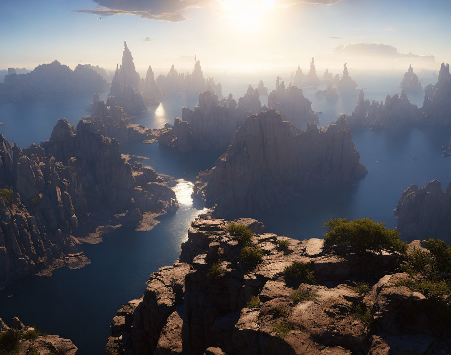 Tranquil waters with towering rock spires in soft sunlight
