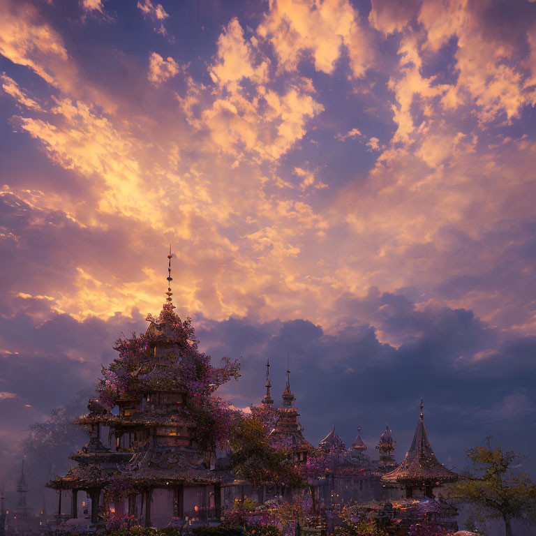 Traditional Temple with Multiple Tiers and Golden Clouds at Dusk