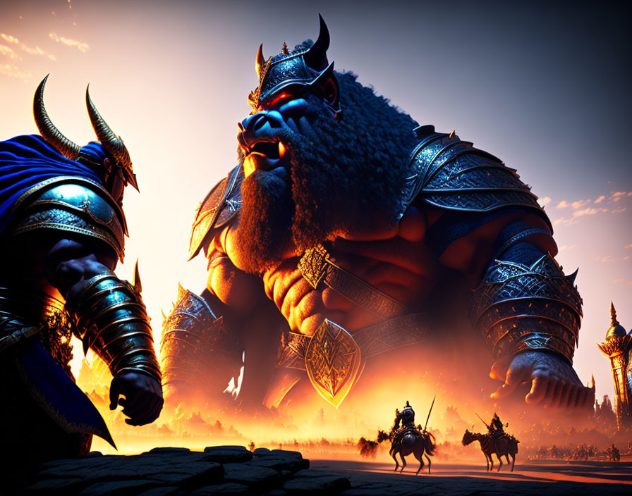 Armored bull-like creatures with riders against evening sky