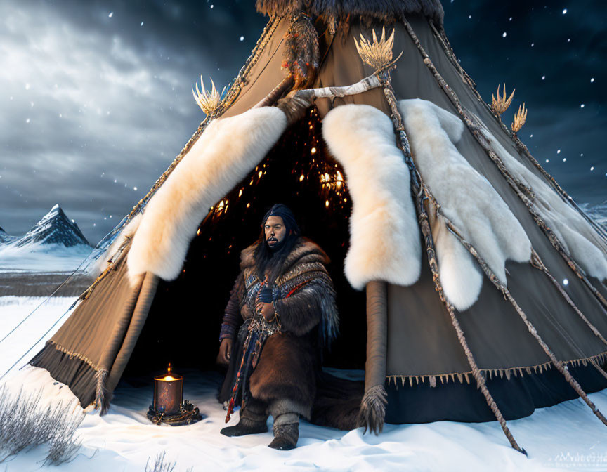 Person in heavy fur clothing near teepee under starlit sky with glowing lantern