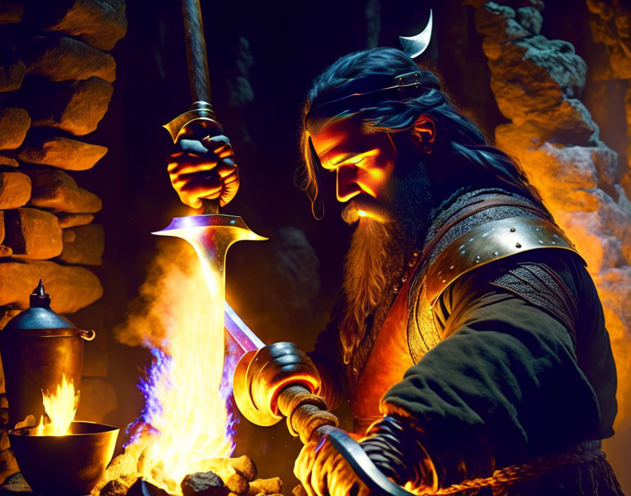 Medieval-themed image of bearded person forging sword in fiery forge.