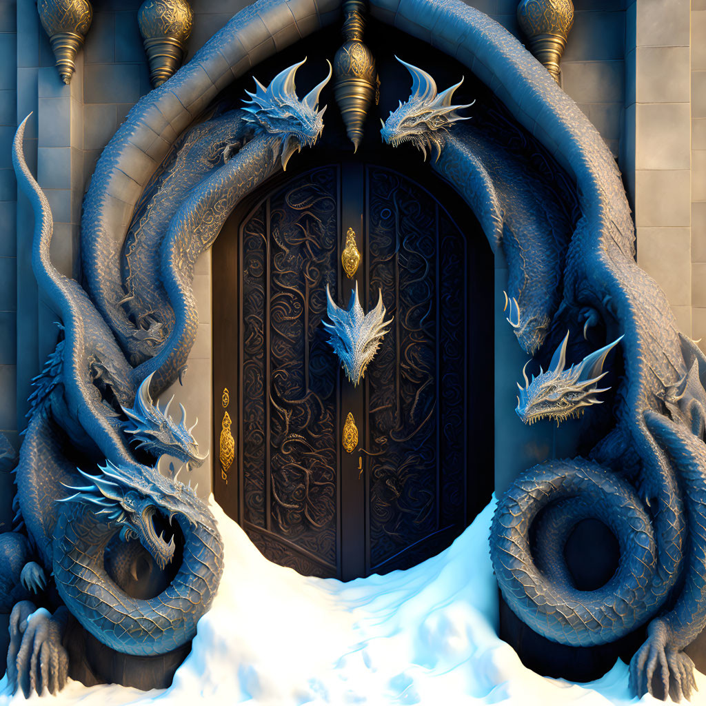 Ornate blue dragon statues by dark door in stone archway