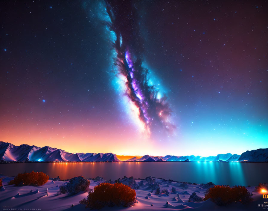 Snow-covered mountains under a vibrant Milky Way in a tranquil nightscape