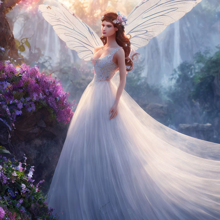 Fantasy Artwork: Fairy with Translucent Wings in Floral Woodland