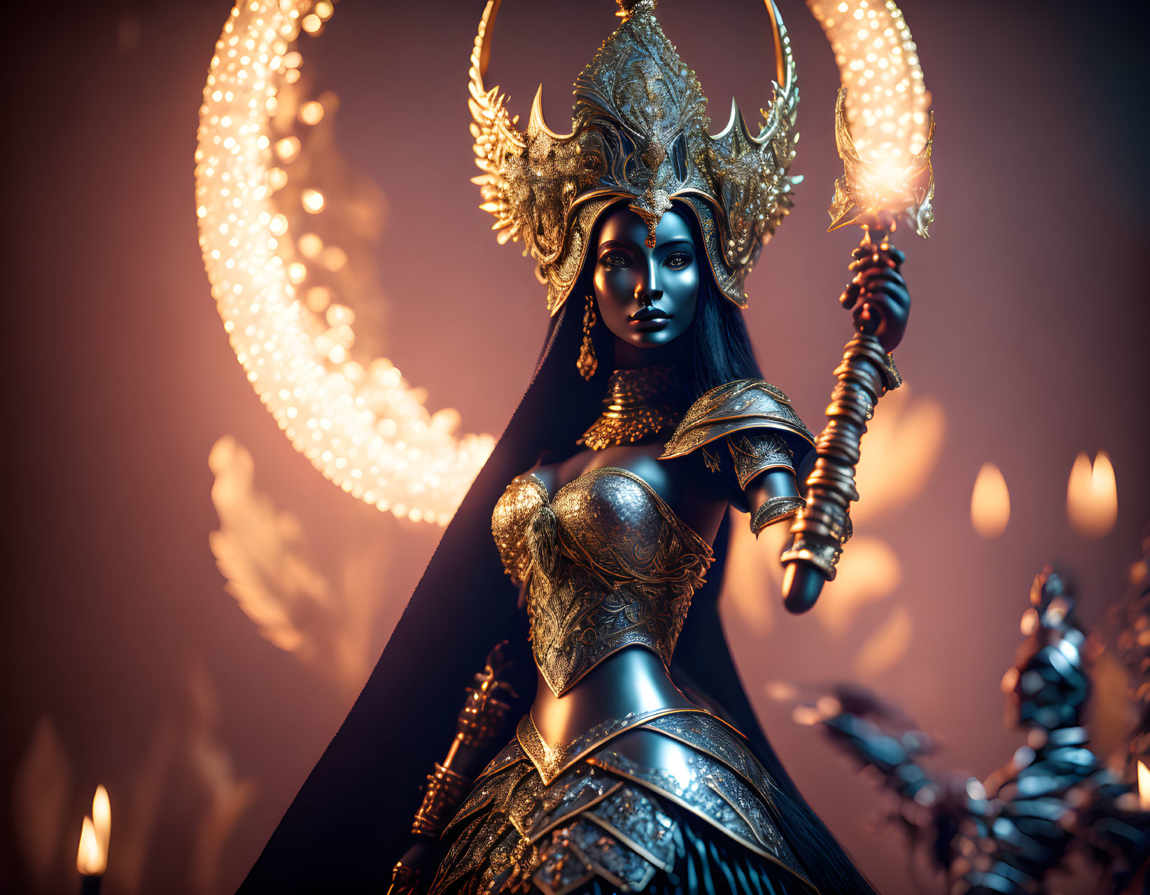 Fantasy queen with golden headgear and armor in regal pose.