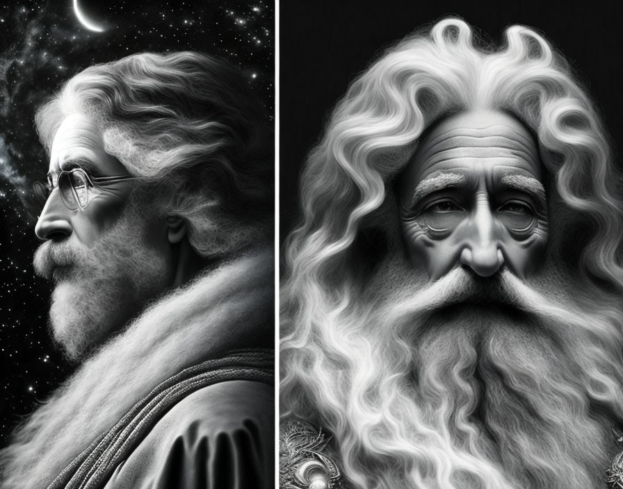 Dual portraits of elderly man with long white beard against starry sky