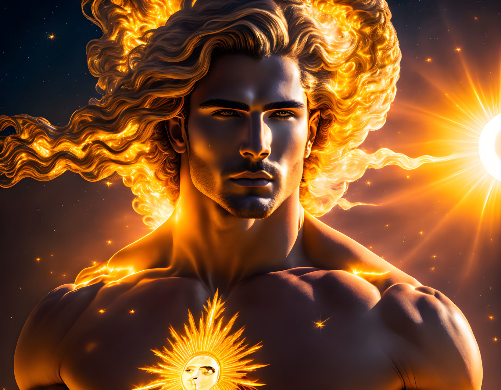 Mythical male figure with golden hair in cosmic setting