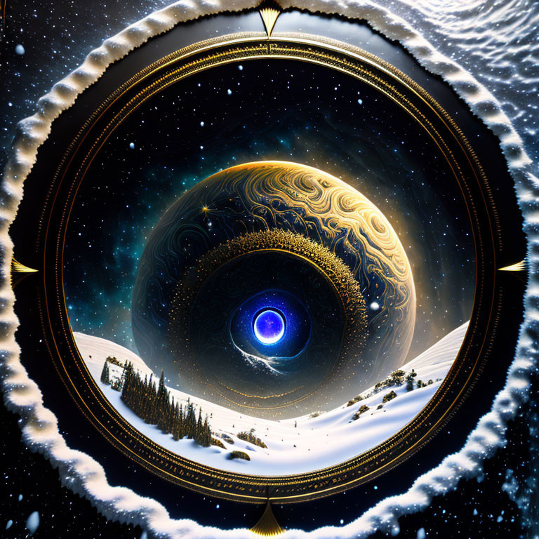 Surreal circular landscape with starry sky, snowy terrain, pine trees, and cosmic eye
