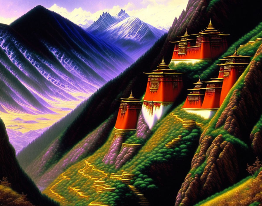 Vibrant digital art: Red and gold pagodas on lush hills with purple mountains