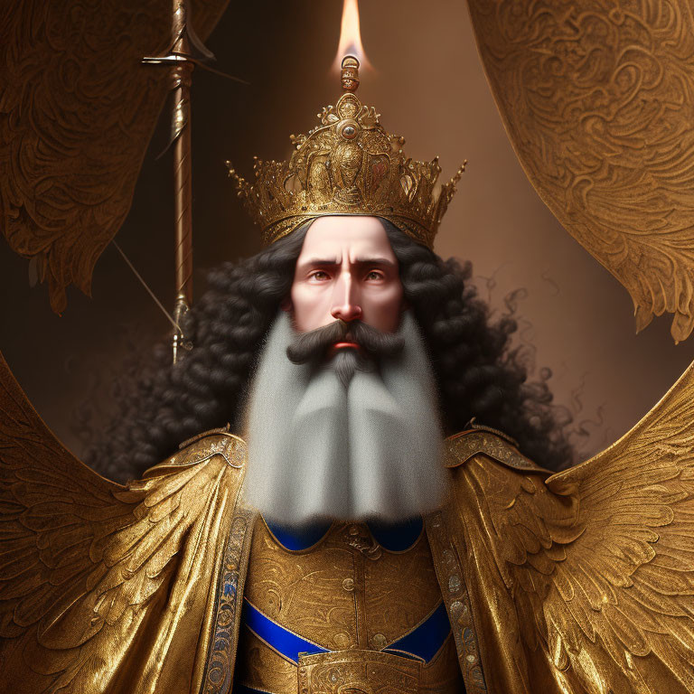 Regal figure with golden crown and angelic wings in armor, holding scepter and sword