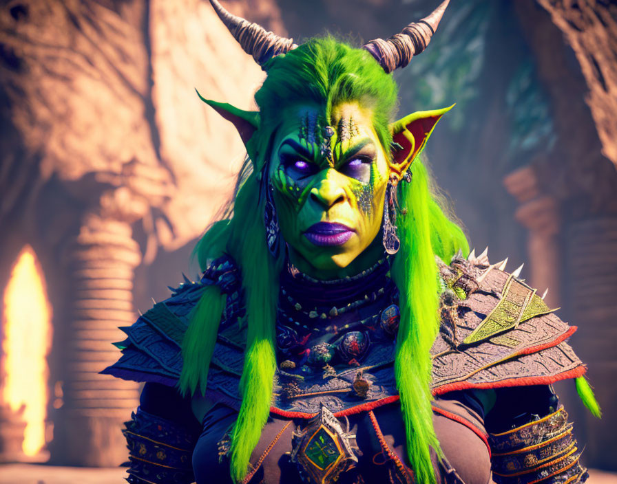 Fantasy character with green skin, horns, pointed ears, bright green hair, intricate armor, and