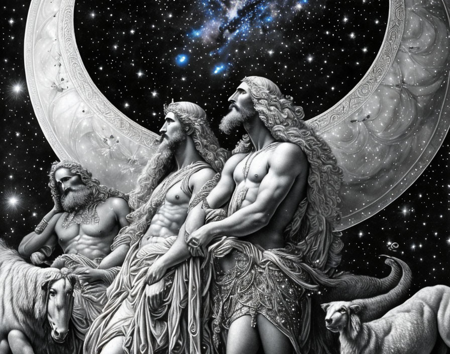 Three bearded figures in robes under crescent moon and starry sky with ram and bull.