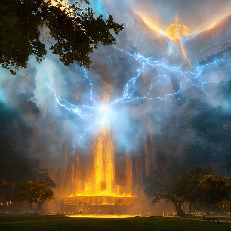 Giant glowing angelic figure at cathedral with lightning-filled skies