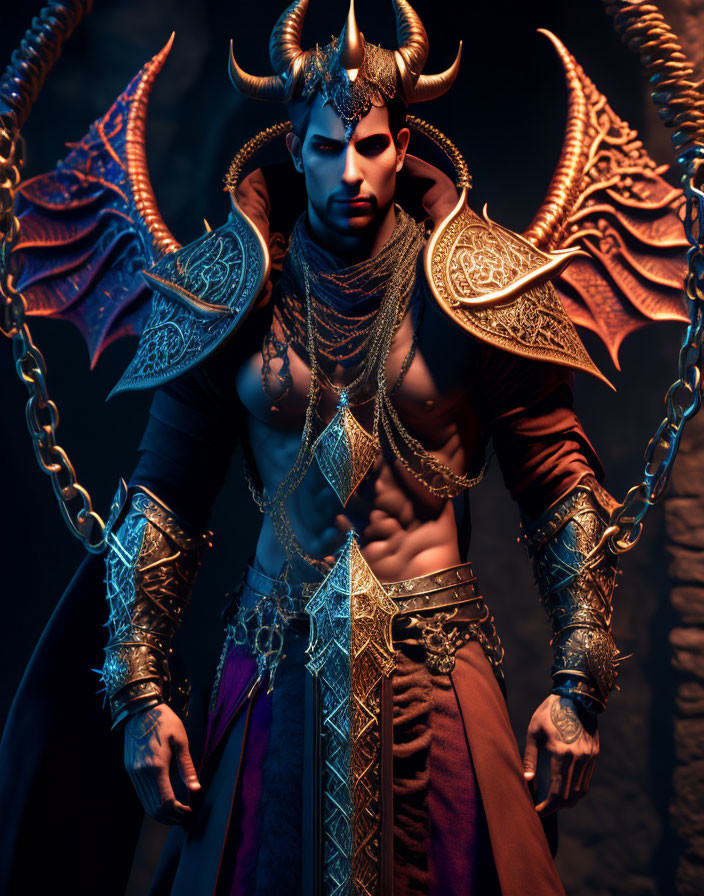 Fantasy character with horns, wings, and armor under blue light.