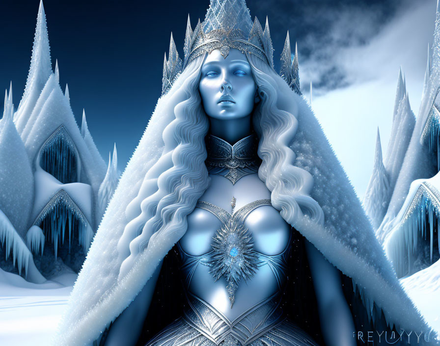 Blue-skinned figure in silver armor and crown in icy landscape