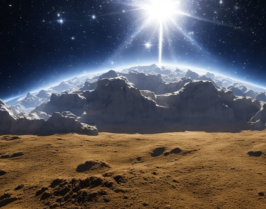 Barren landscape with rocky terrain under starry sky and bright celestial body casting rays over mountain range
