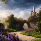 Enchanting garden scene with stone path, ivy archway, fairytale tower, and