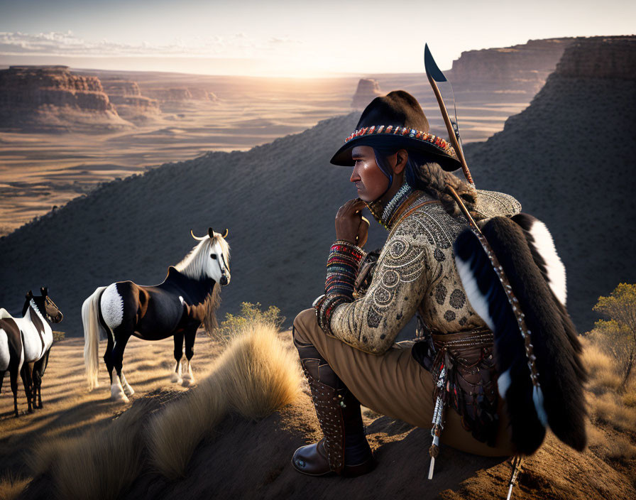 Traditional Native Attire Person Contemplating Sunset with Horses