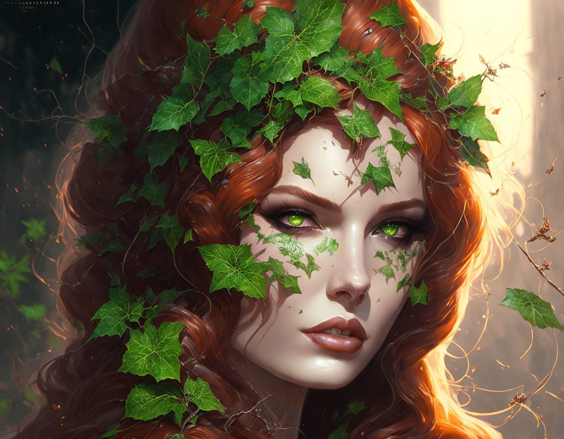 Digital artwork featuring woman with ivy leaves in red hair under soft sunlight