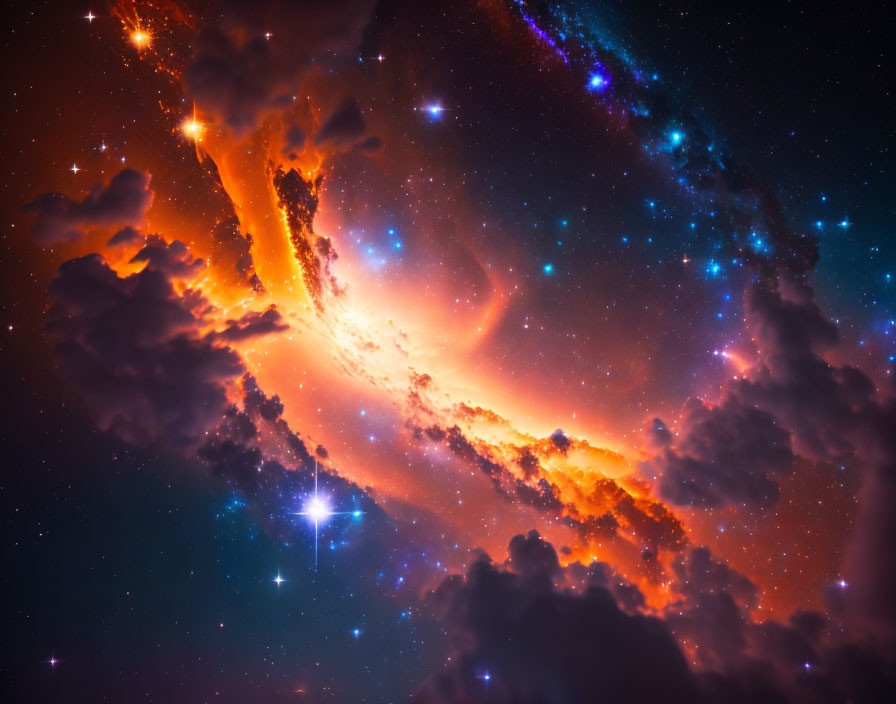 Colorful cosmic scene: glowing galaxy, radiant stars, and nebulae in deep space