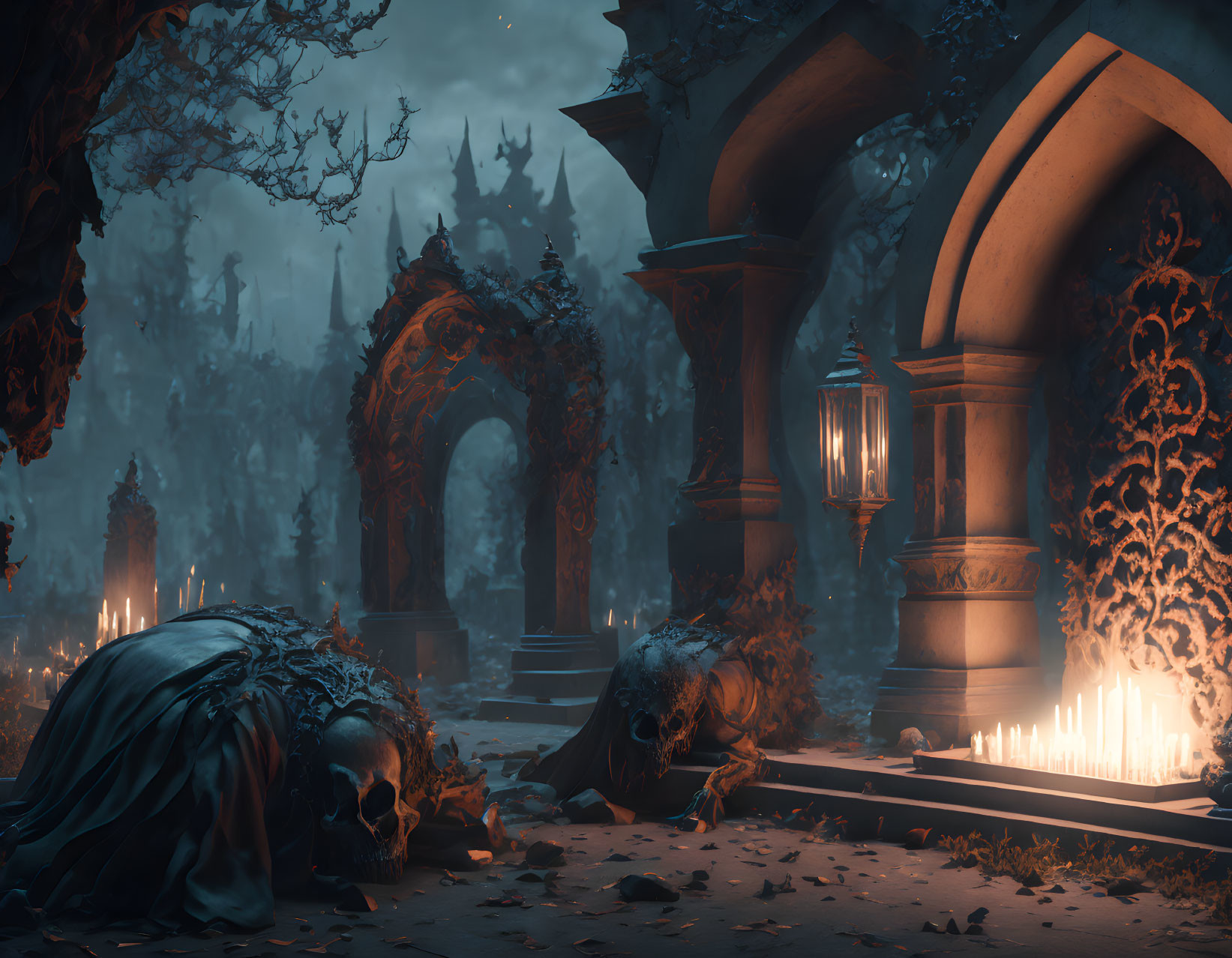Spooky night scene with large skulls, ruins, candlelight, and misty forest