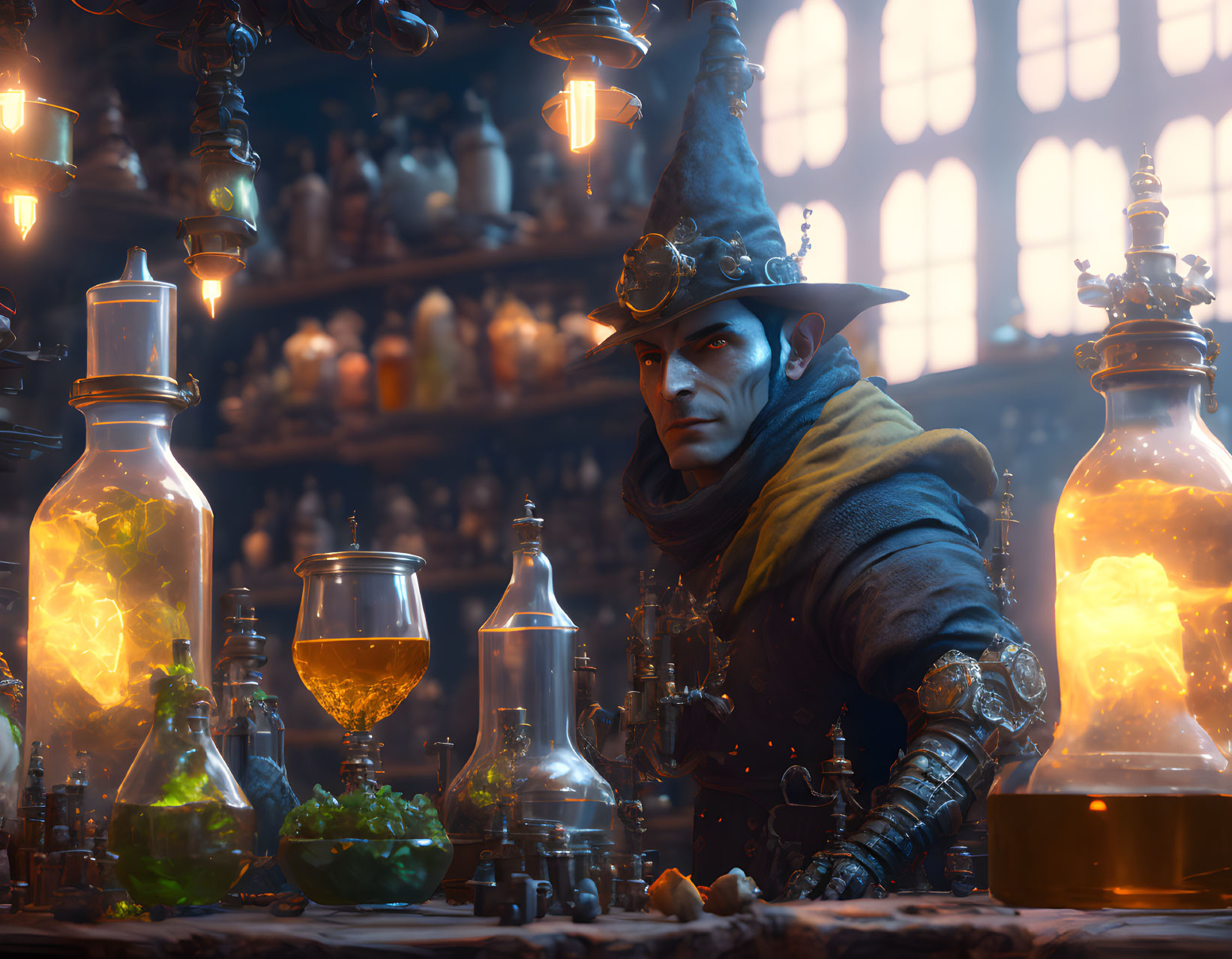 Fantasy alchemist with glowing potions in candle-lit laboratory