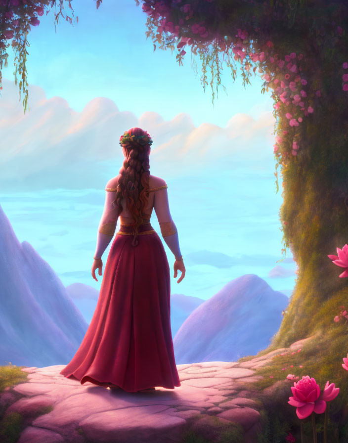Princess in Pink Dress with Braided Hair in Fantasy Landscape