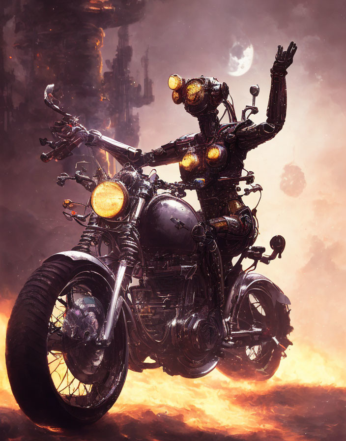 Robotic figure with illuminated orbs on motorcycle in fiery industrial setting