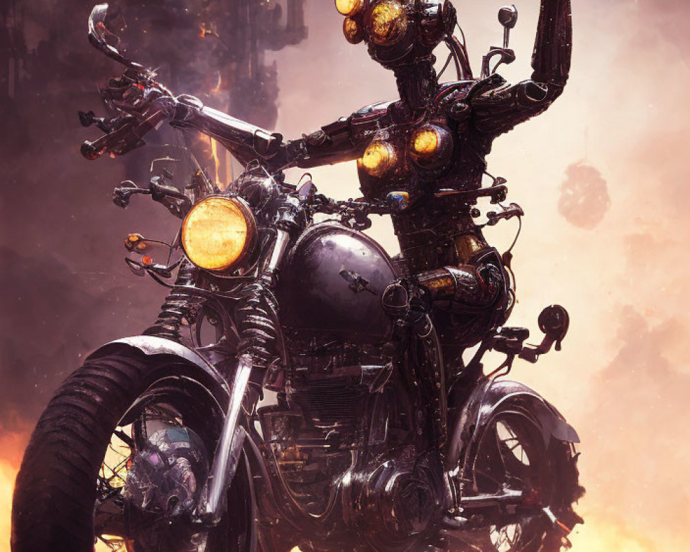 Robotic figure with illuminated orbs on motorcycle in fiery industrial setting