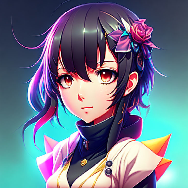 Dark-haired anime character with flower hairpin, pink highlights, red eyes, and dark outfit with orange