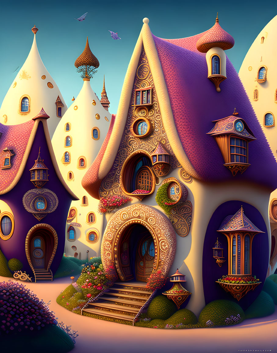 Colorful Fantasy Cottages with Whimsical Architecture and Twilight Sky