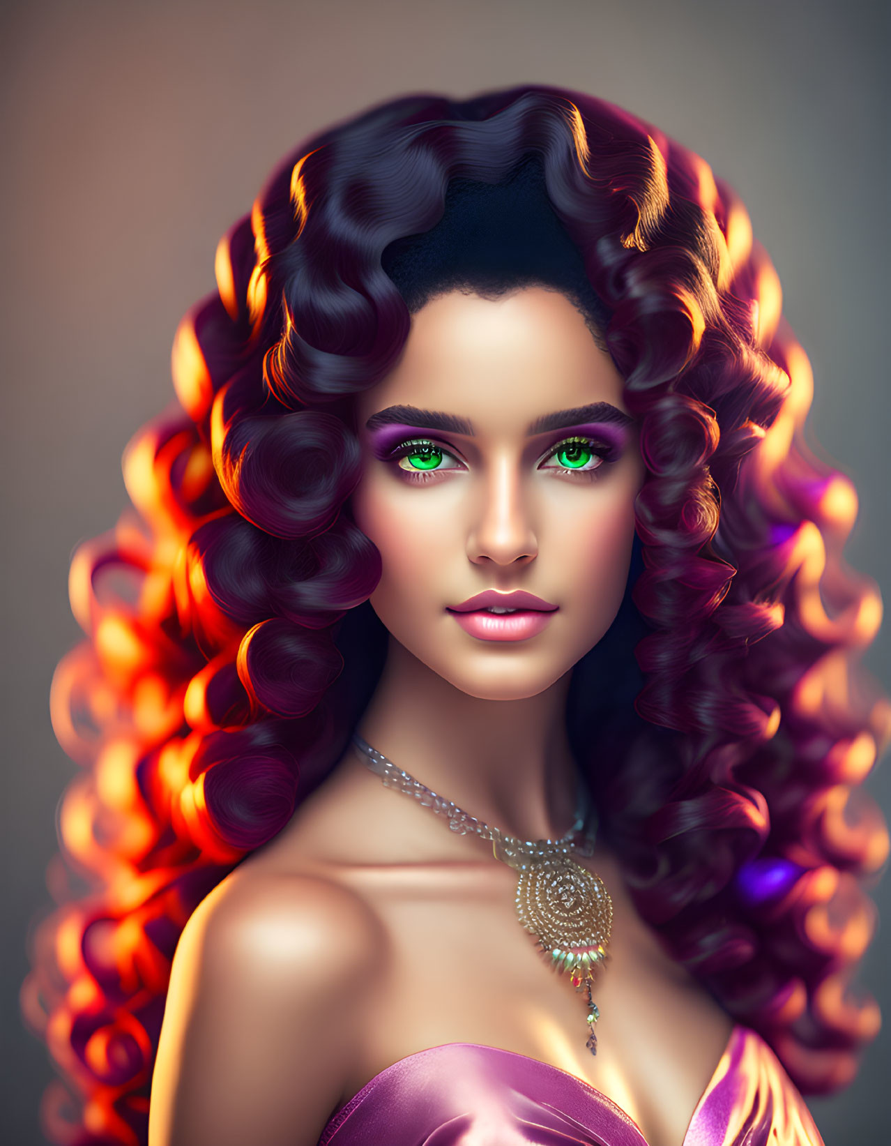 Voluminous curly ombre hair woman with green eyes and jeweled necklace
