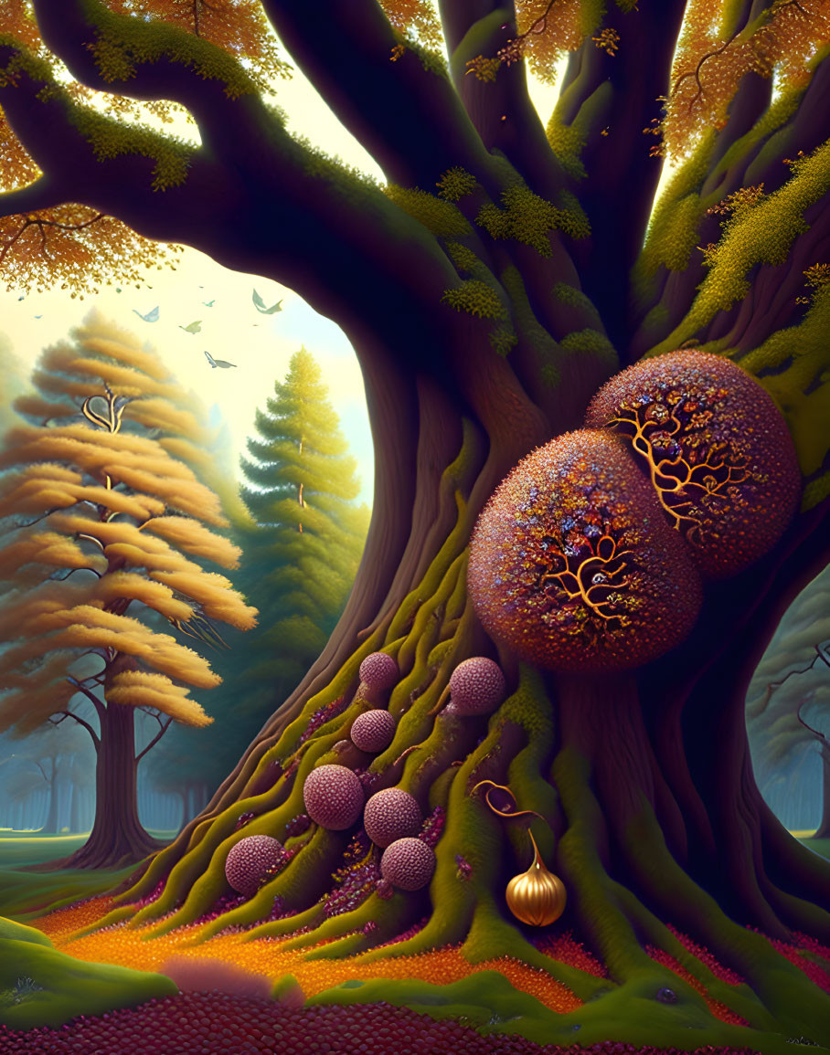 Mystical forest scene with large tree and ornate spherical objects in lush landscape