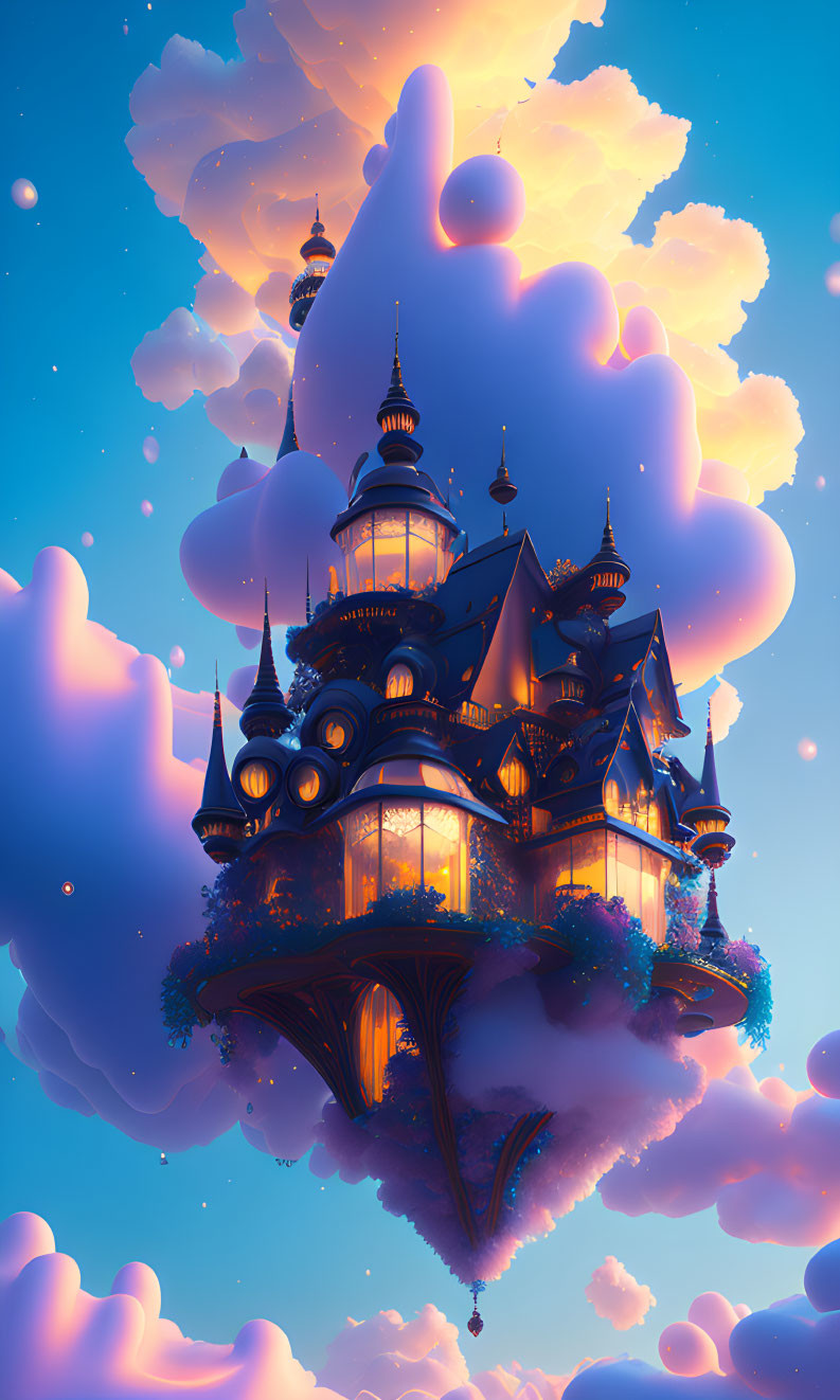 Fantastical Floating Castle in Twilight Sky