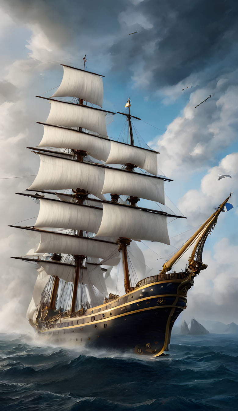 Majestic tall ship with white sails in turbulent sea with seagulls