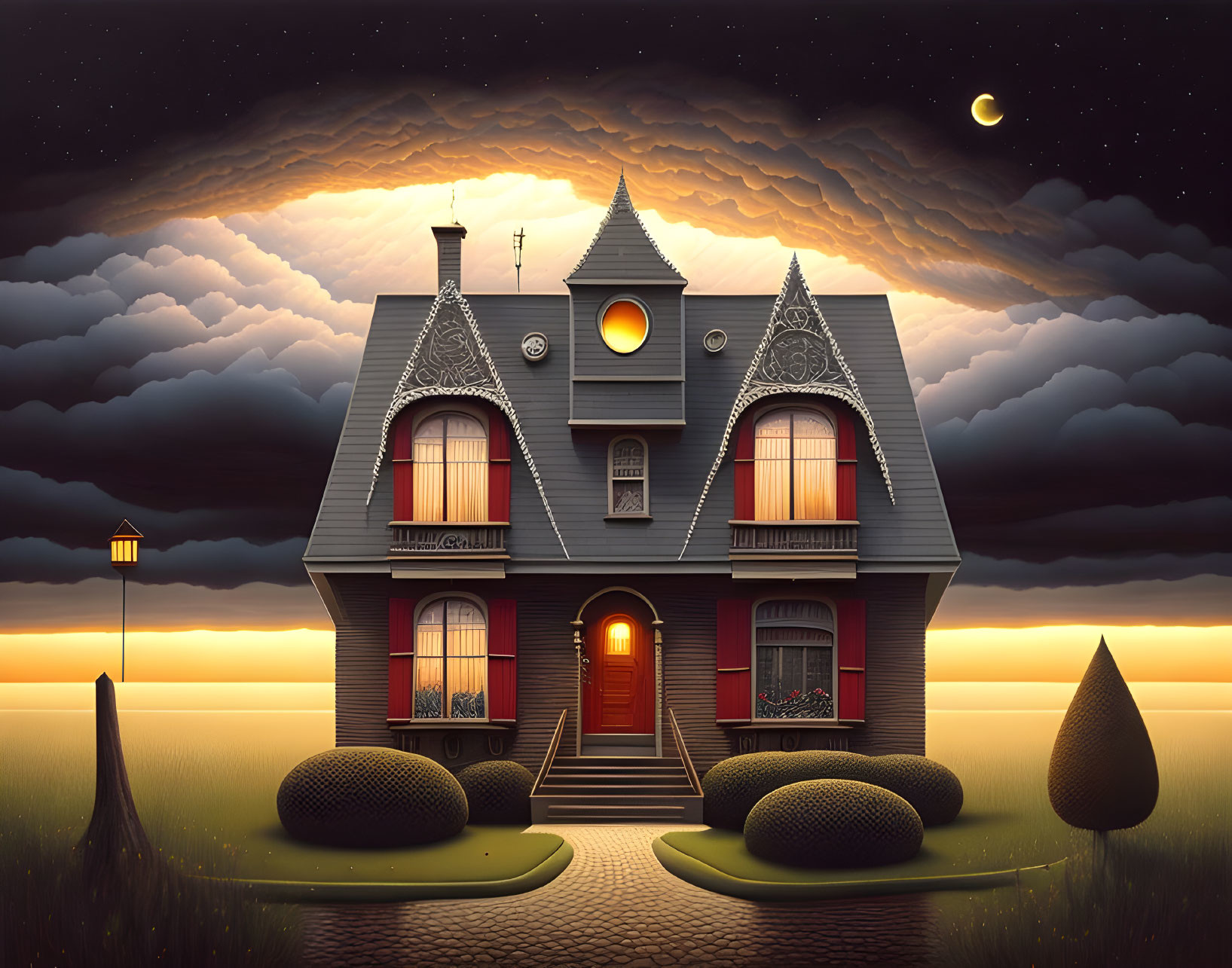 Victorian-style house at dusk with illuminated windows under crescent moon and dramatic sky.