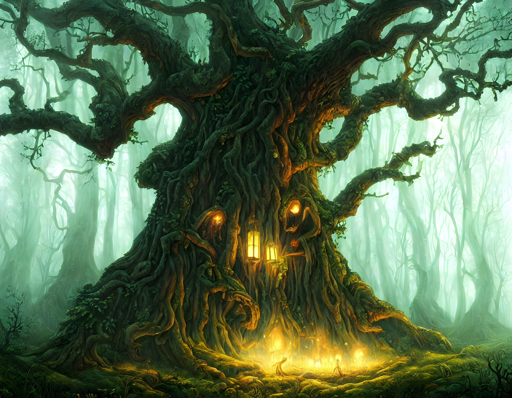 Enchanting forest scene with massive ancient tree and glowing windows and door