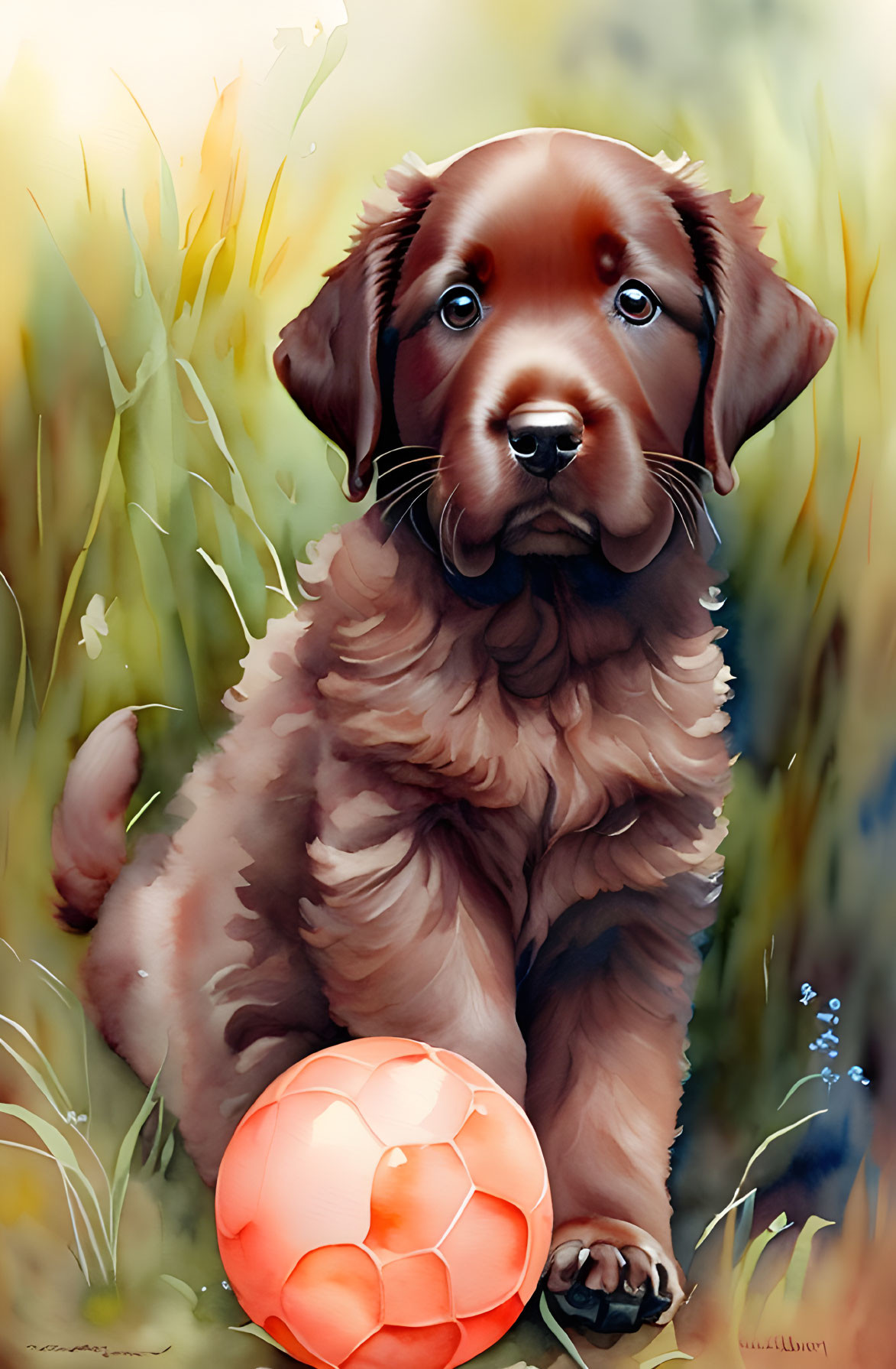 Watercolour. Puppy brown flat-coated retrievers