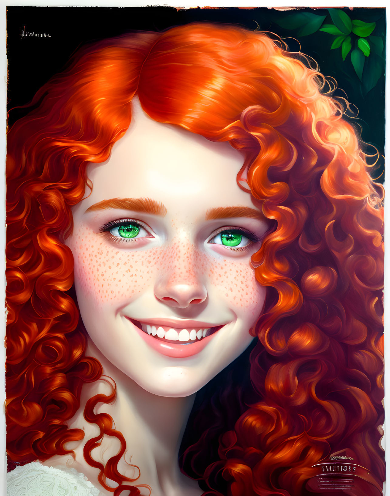 Smiling girl with red curly hair and green eyes.