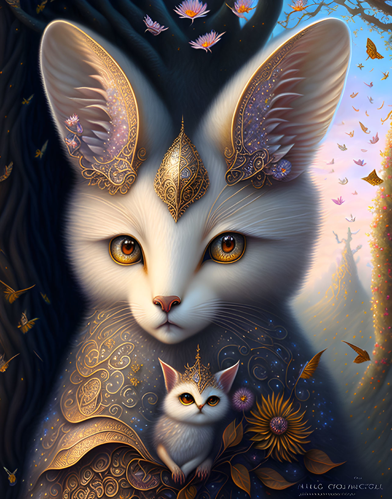 Detailed mystical cats with golden embellishments in twilight setting.
